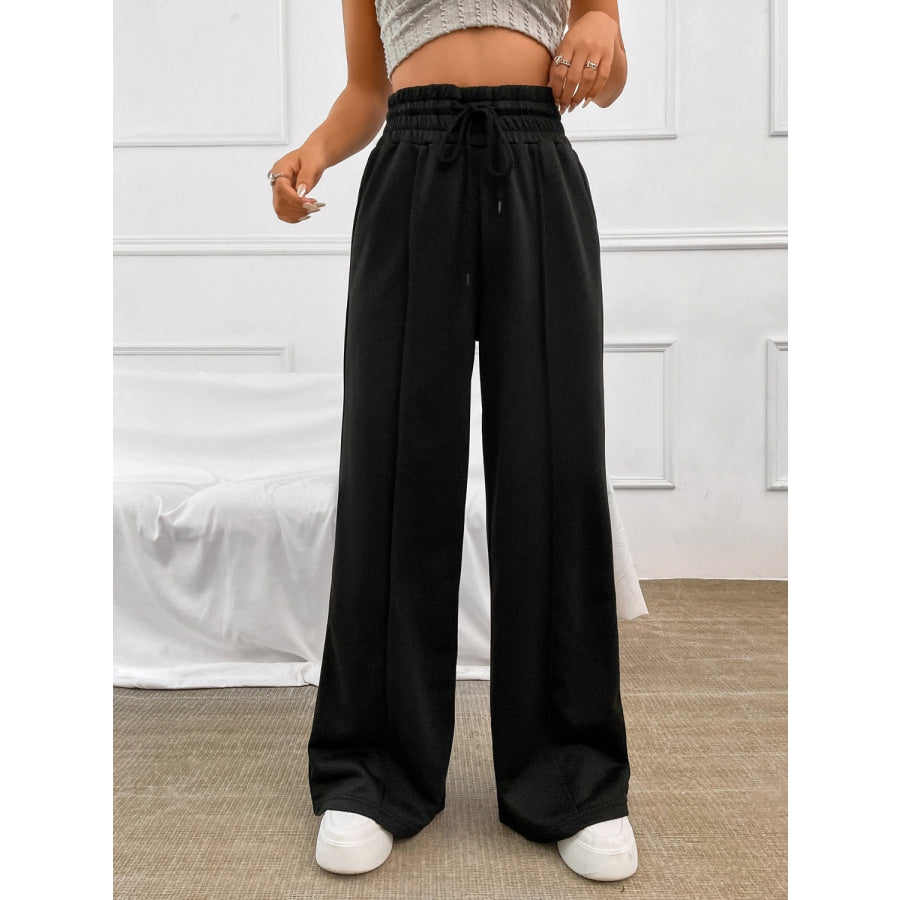 Honey Drawstring Elastic Waist Wide Leg Pants Black / S Apparel and Accessories