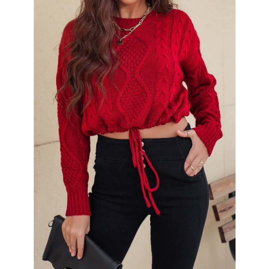 Honey Drawstring Hem Cable-Knit Round Neck Sweater Apparel and Accessories