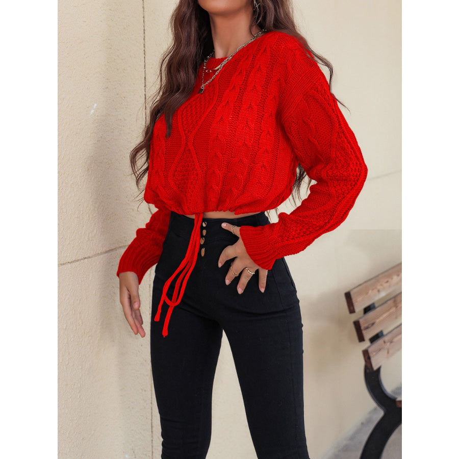 Honey Drawstring Hem Cable-Knit Round Neck Sweater Apparel and Accessories