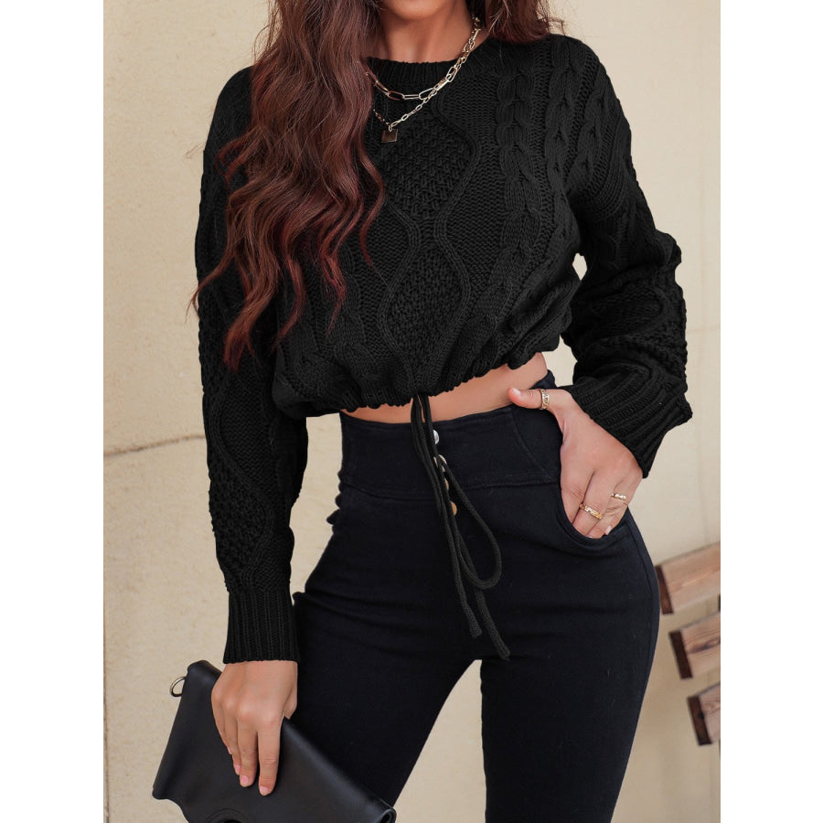 Honey Drawstring Hem Cable-Knit Round Neck Sweater Black / S Apparel and Accessories