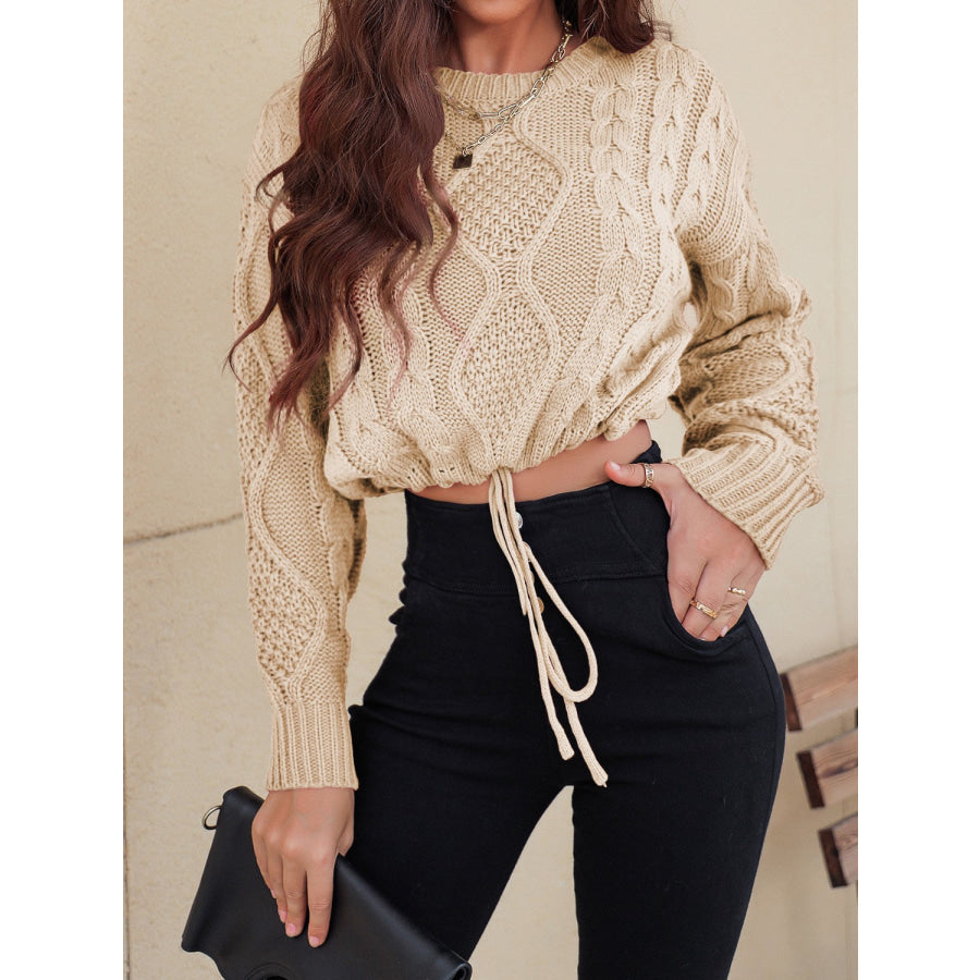 Honey Drawstring Hem Cable-Knit Round Neck Sweater Cream / S Apparel and Accessories