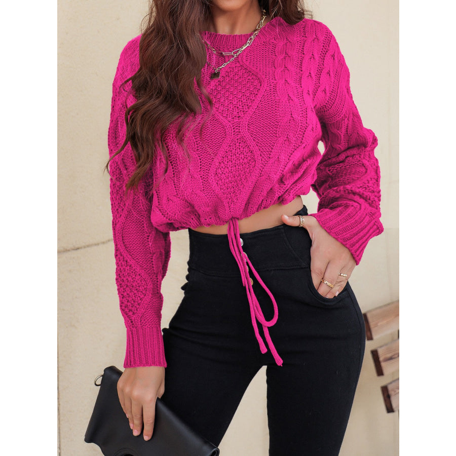 Honey Drawstring Hem Cable-Knit Round Neck Sweater Hot Pink / S Apparel and Accessories