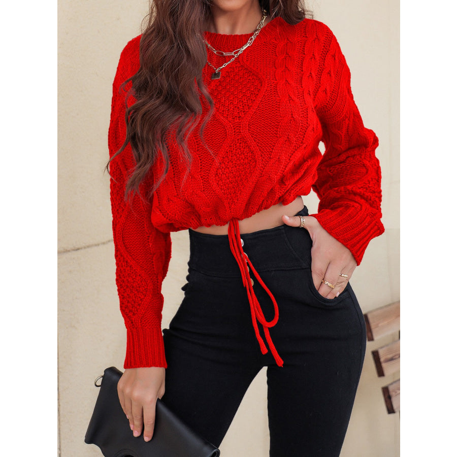 Honey Drawstring Hem Cable-Knit Round Neck Sweater Red / S Apparel and Accessories