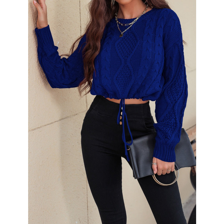 Honey Drawstring Hem Cable-Knit Round Neck Sweater Royal Blue / S Apparel and Accessories