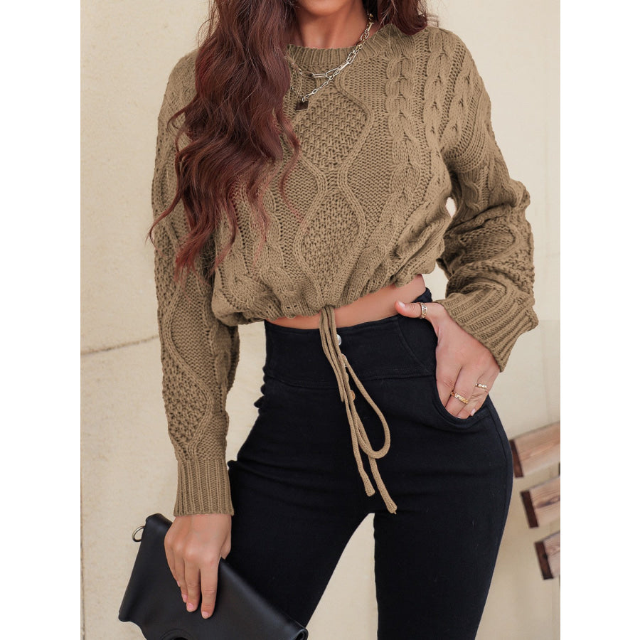 Honey Drawstring Hem Cable-Knit Round Neck Sweater Taupe / S Apparel and Accessories