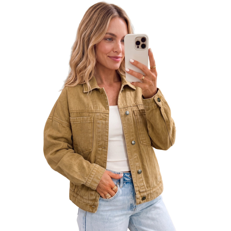 honey gold Metal Button Front Long Sleeve Collar Denim Jacket Outerwear/Denim jackets