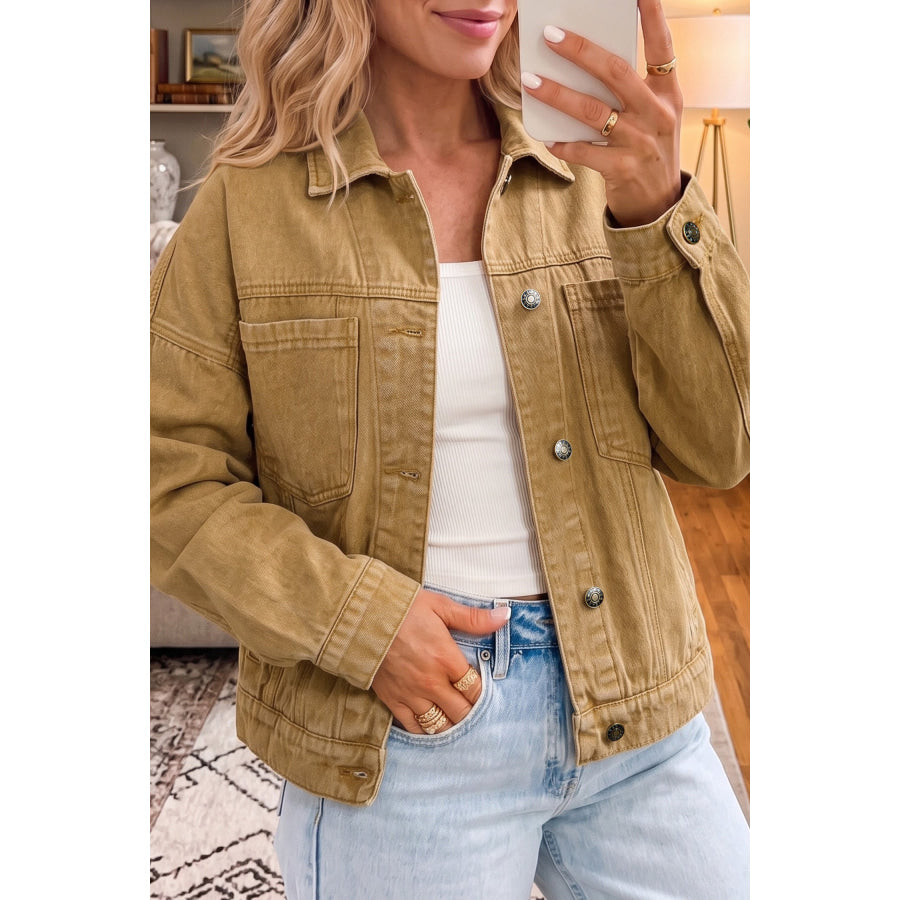 honey gold Metal Button Front Long Sleeve Collar Denim Jacket Outerwear/Denim jackets