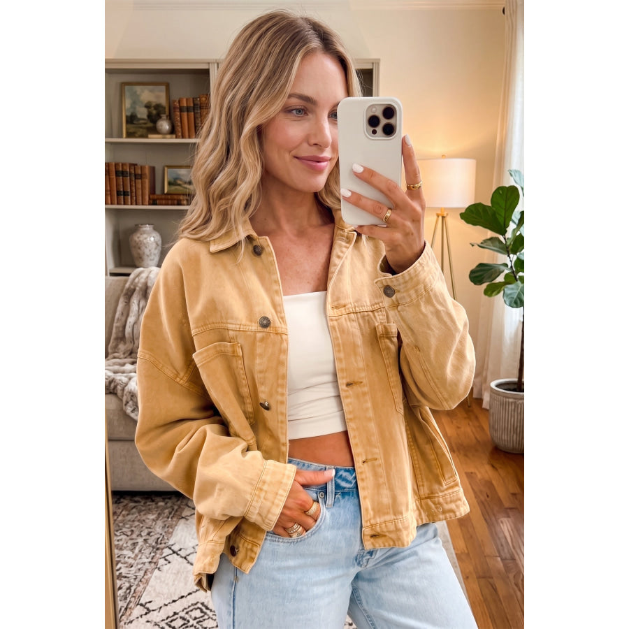 honey gold Metal Button Front Long Sleeve Collar Denim Jacket Outerwear/Denim jackets