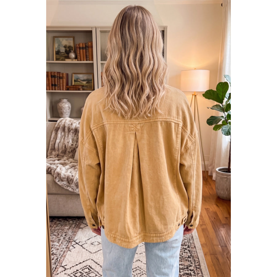 honey gold Metal Button Front Long Sleeve Collar Denim Jacket Outerwear/Denim jackets