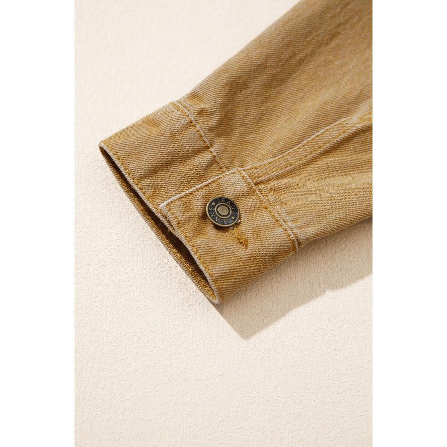 honey gold Metal Button Front Long Sleeve Collar Denim Jacket Outerwear/Denim jackets