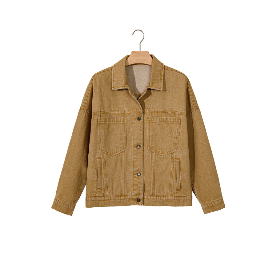 honey gold Metal Button Front Long Sleeve Collar Denim Jacket Outerwear/Denim jackets