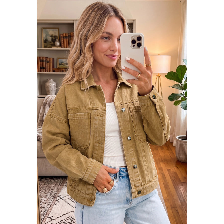 honey gold Metal Button Front Long Sleeve Collar Denim Jacket Outerwear/Denim jackets