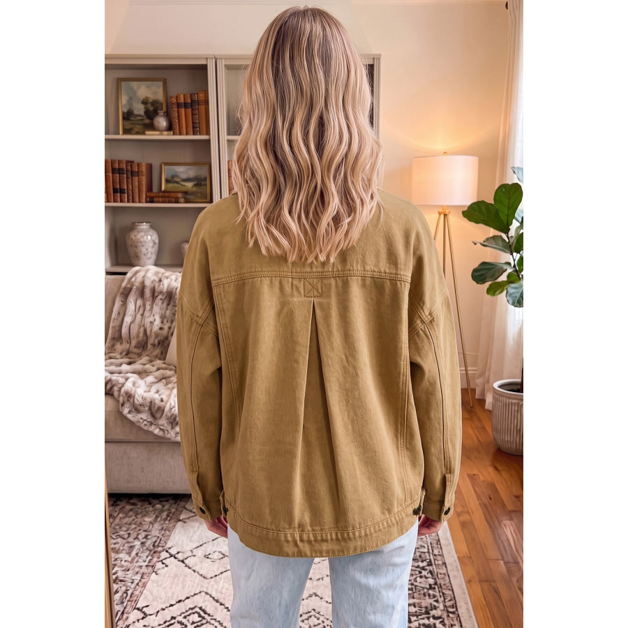 honey gold Metal Button Front Long Sleeve Collar Denim Jacket Outerwear/Denim jackets