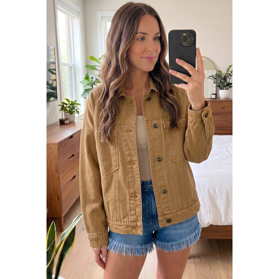 honey gold Metal Button Front Long Sleeve Collar Denim Jacket Outerwear/Denim jackets