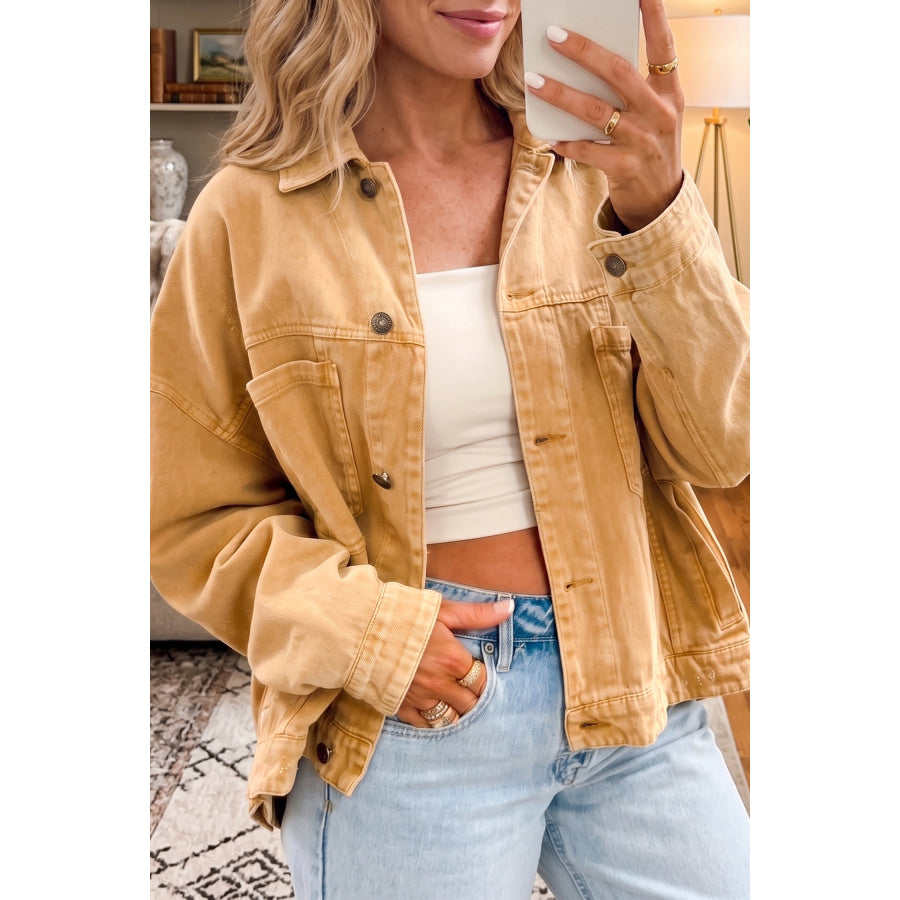 honey gold Metal Button Front Long Sleeve Collar Denim Jacket honey gold / S / 100% Cotton Outerwear/Denim jackets