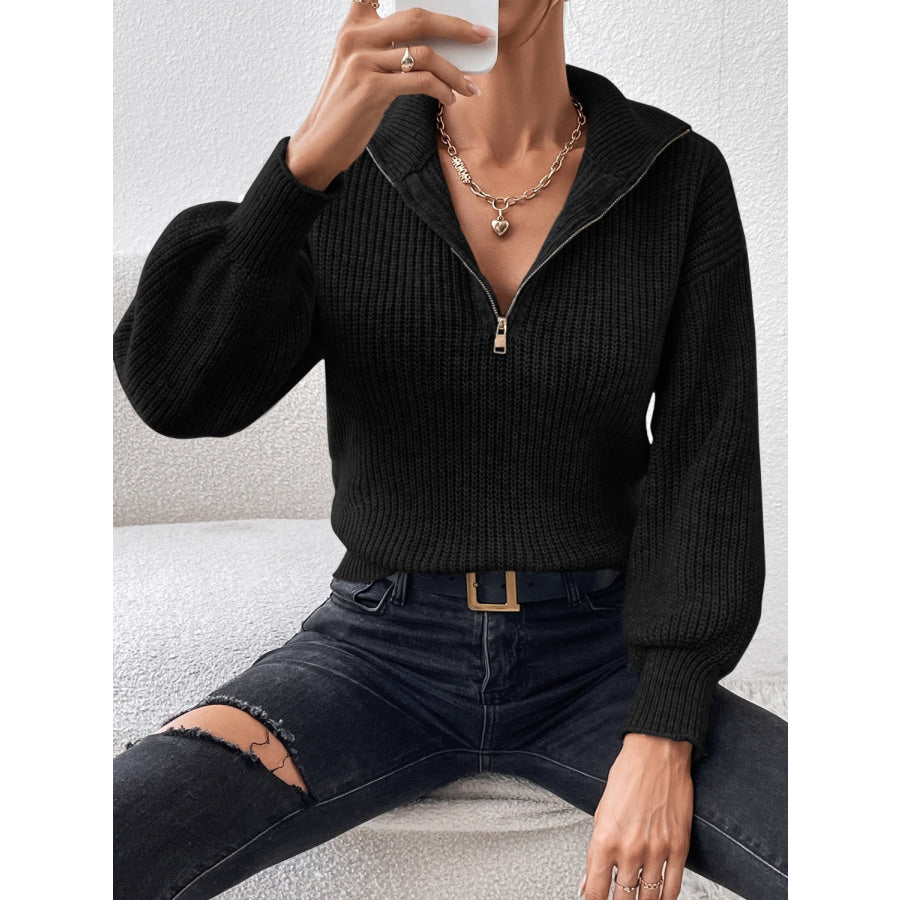 Honey Half Zip Dropped Shoulder Sweater Black / S Apparel and Accessories