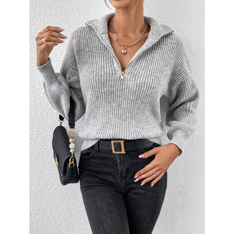 Honey Half Zip Dropped Shoulder Sweater Gray / S Apparel and Accessories