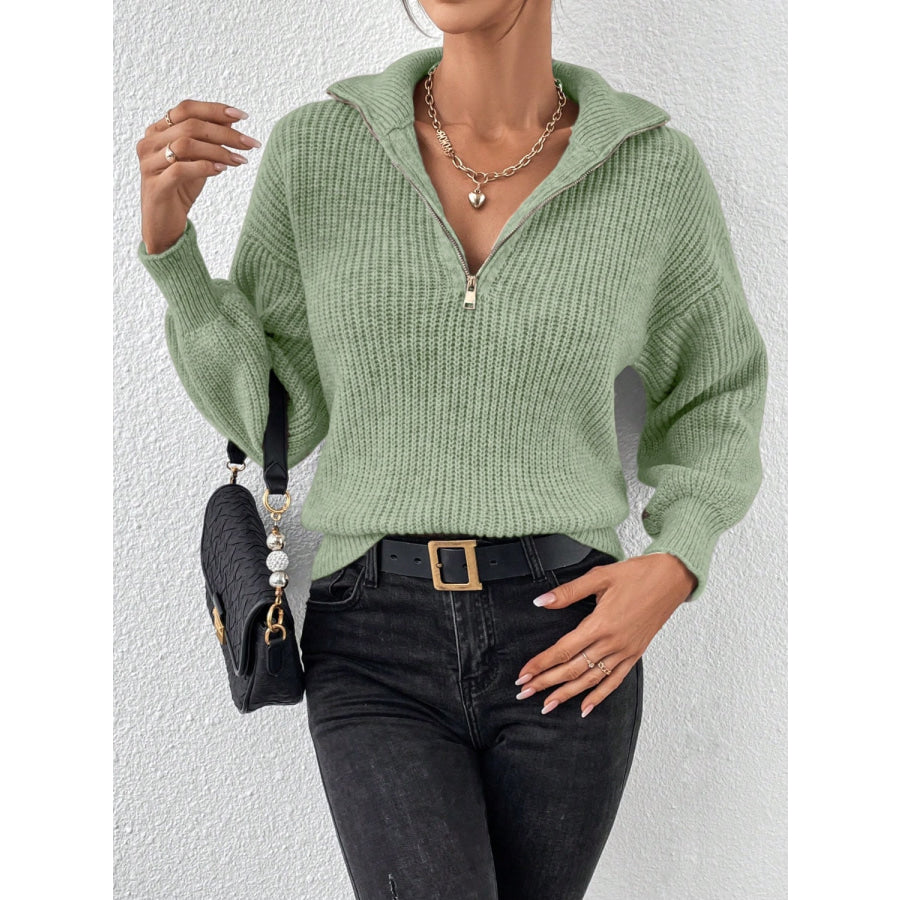 Honey Half Zip Dropped Shoulder Sweater Matcha Green / S Apparel and Accessories