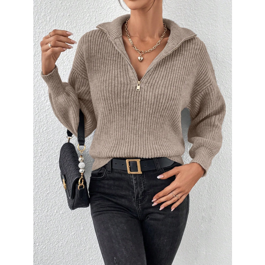 Honey Half Zip Dropped Shoulder Sweater Taupe / S Apparel and Accessories