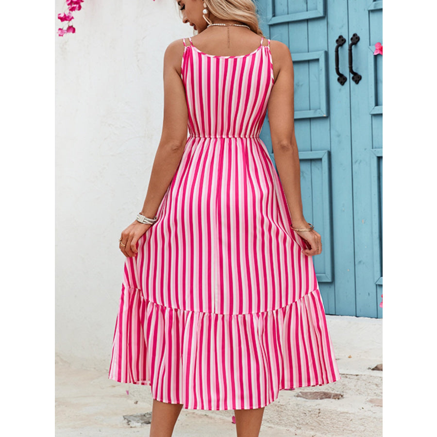 Honey Lace Detail Striped Surplice Sleeveless Dress Hot Pink / S Apparel and Accessories