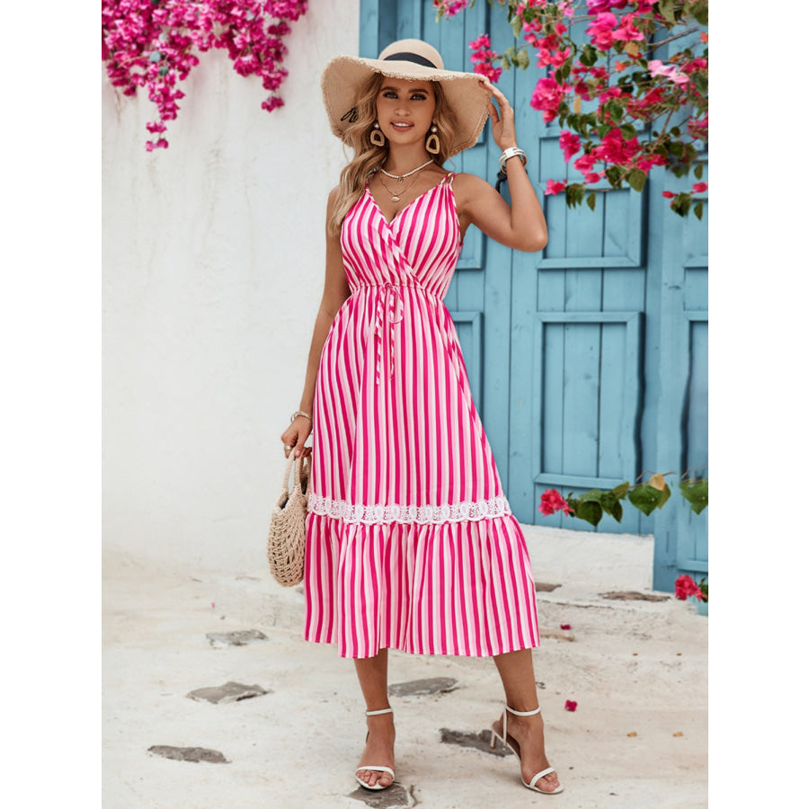 Honey Lace Detail Striped Surplice Sleeveless Dress Apparel and Accessories