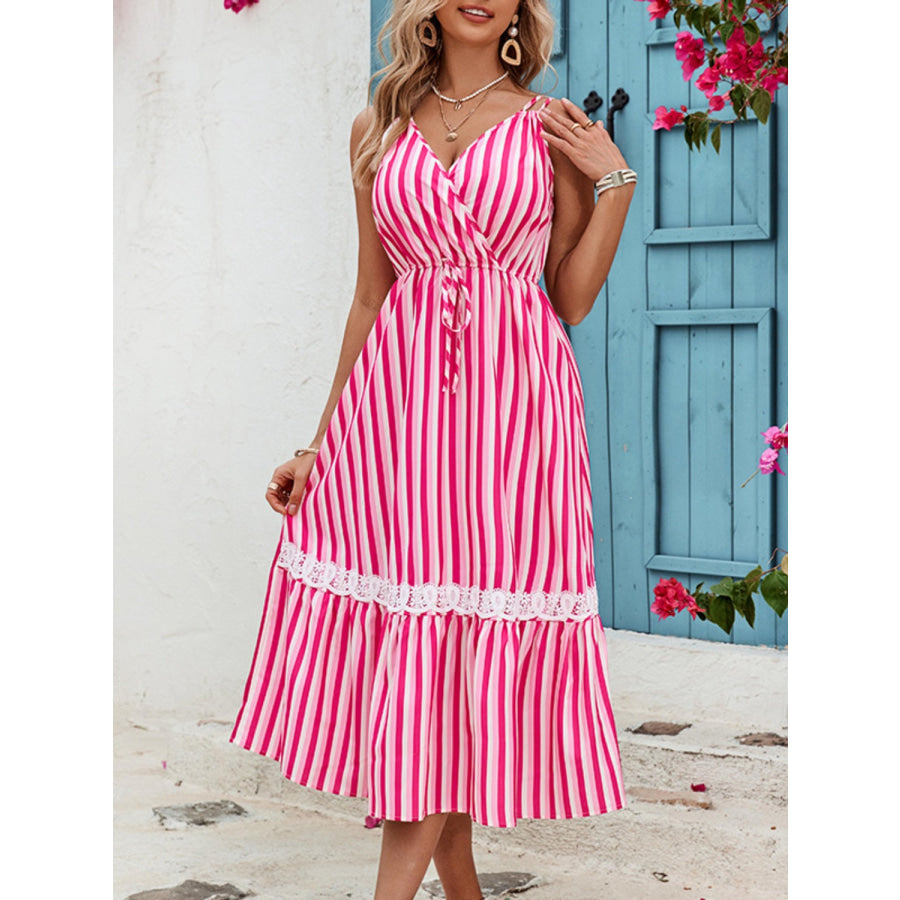 Honey Lace Detail Striped Surplice Sleeveless Dress Hot Pink / S Apparel and Accessories