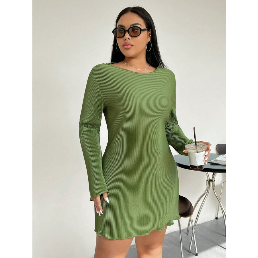 Honey Plus Size Lettuce Hem Round Neck Long Sleeve Dress Apparel and Accessories