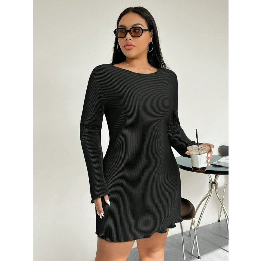 Honey Plus Size Lettuce Hem Round Neck Long Sleeve Dress Apparel and Accessories