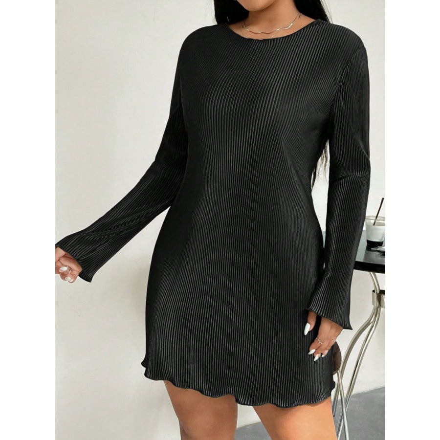 Honey Plus Size Lettuce Hem Round Neck Long Sleeve Dress Black / 1XL Apparel and Accessories