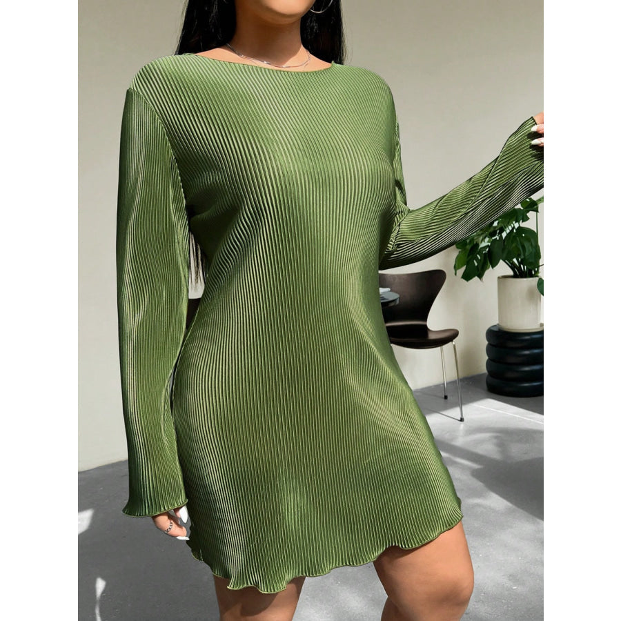 Honey Plus Size Lettuce Hem Round Neck Long Sleeve Dress Matcha Green / 1XL Apparel and Accessories