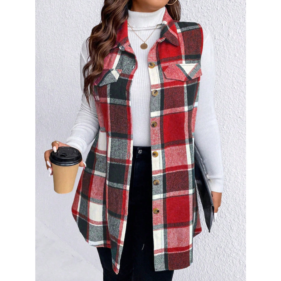 Honey Plus Size Pocketed Plaid Button Up Vest Coat Apparel and Accessories