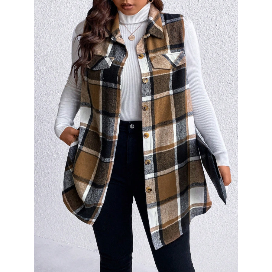 Honey Plus Size Pocketed Plaid Button Up Vest Coat Apparel and Accessories