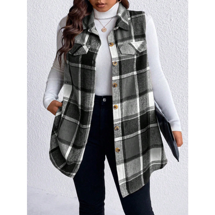 Honey Plus Size Pocketed Plaid Button Up Vest Coat Apparel and Accessories