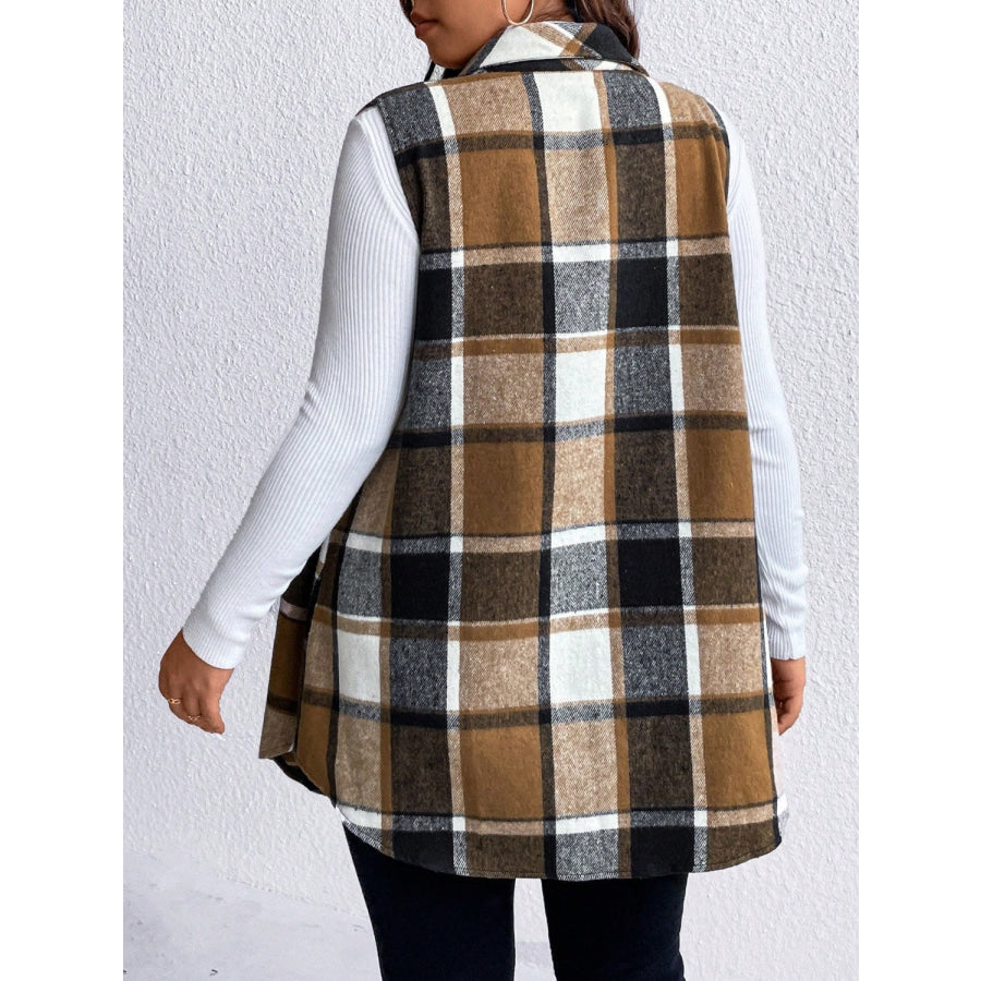 Honey Plus Size Pocketed Plaid Button Up Vest Coat Apparel and Accessories