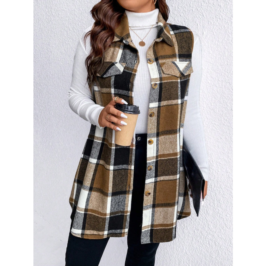 Honey Plus Size Pocketed Plaid Button Up Vest Coat Apparel and Accessories