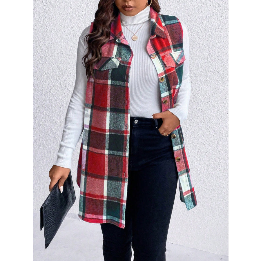 Honey Plus Size Pocketed Plaid Button Up Vest Coat Apparel and Accessories