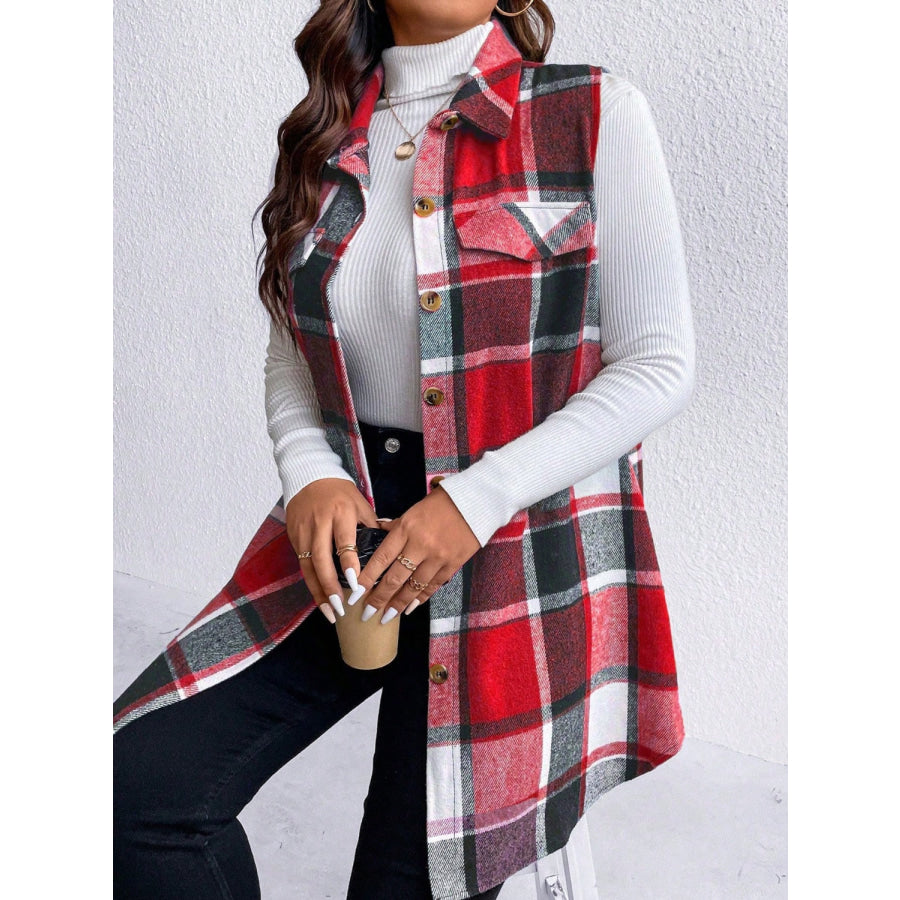 Honey Plus Size Pocketed Plaid Button Up Vest Coat Apparel and Accessories