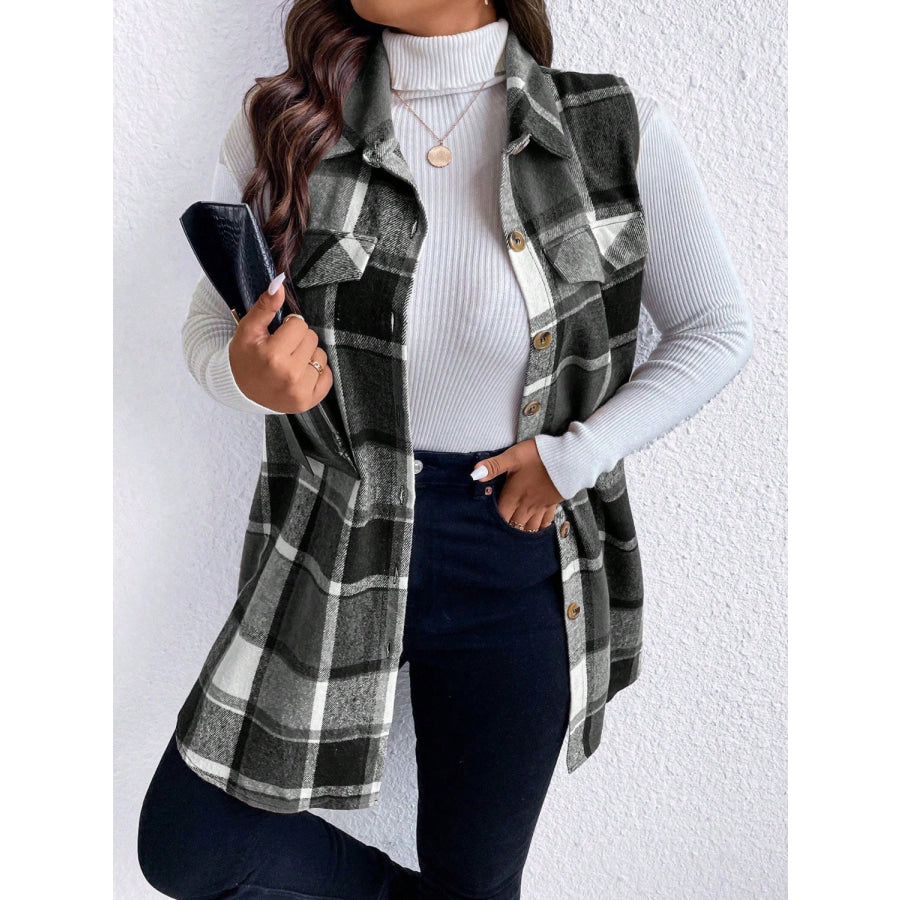 Honey Plus Size Pocketed Plaid Button Up Vest Coat Apparel and Accessories