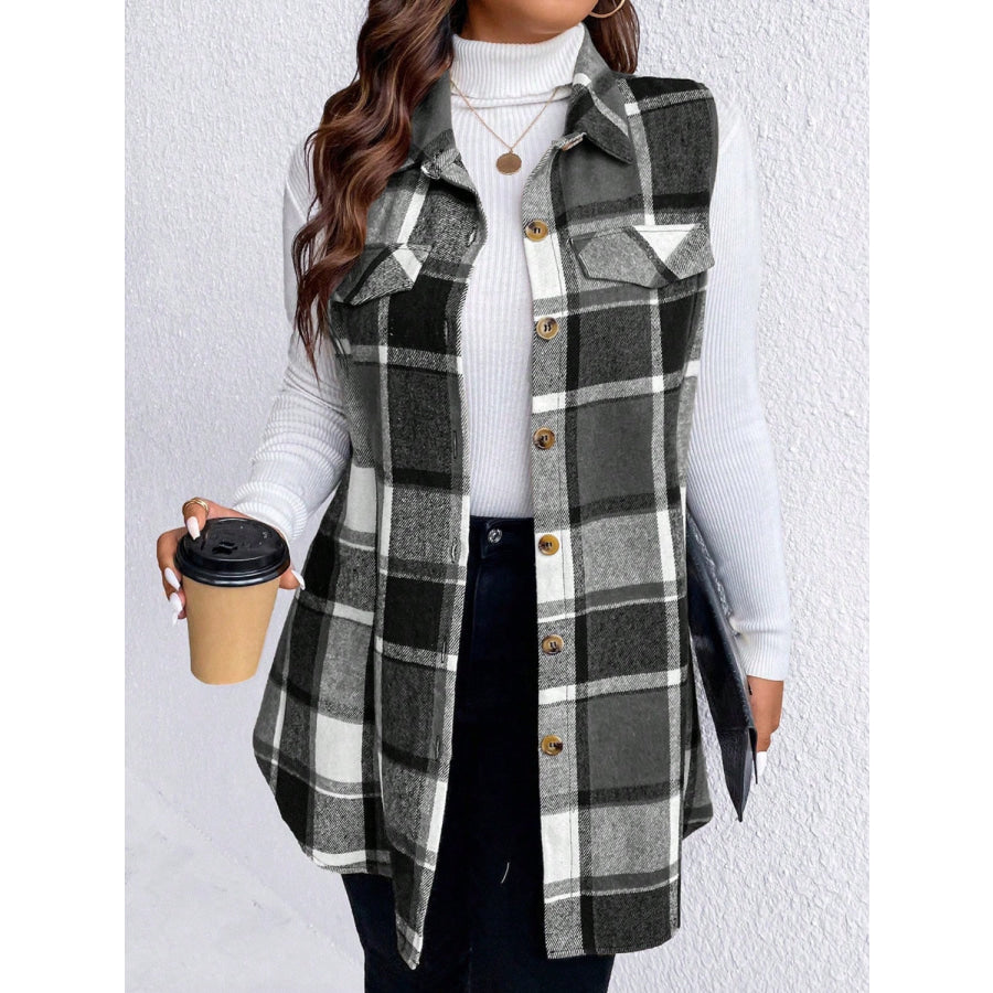 Honey Plus Size Pocketed Plaid Button Up Vest Coat Apparel and Accessories