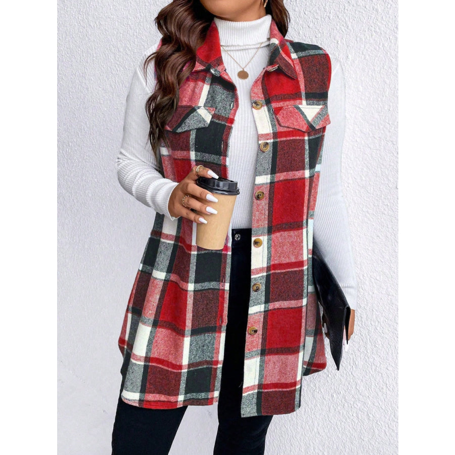 Honey Plus Size Pocketed Plaid Button Up Vest Coat Apparel and Accessories