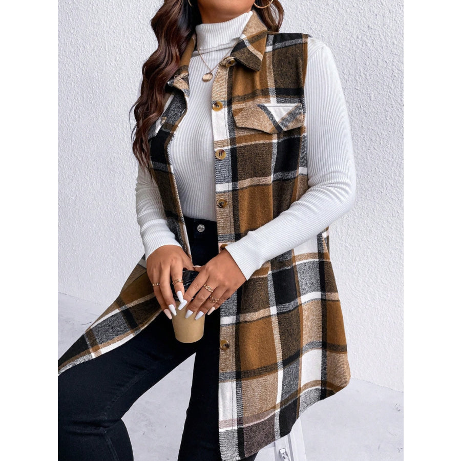 Honey Plus Size Pocketed Plaid Button Up Vest Coat Apparel and Accessories