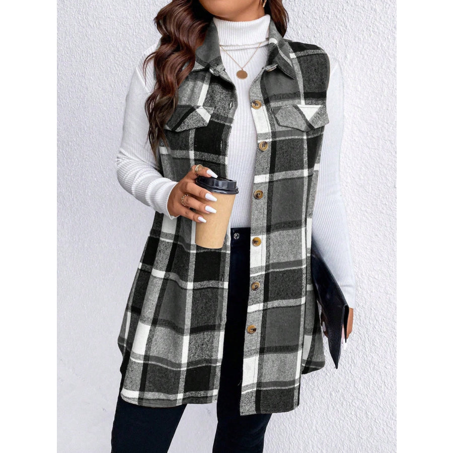 Honey Plus Size Pocketed Plaid Button Up Vest Coat Apparel and Accessories