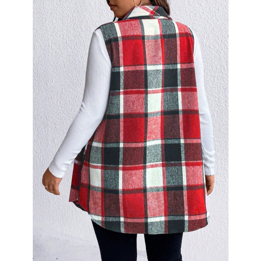 Honey Plus Size Pocketed Plaid Button Up Vest Coat Apparel and Accessories