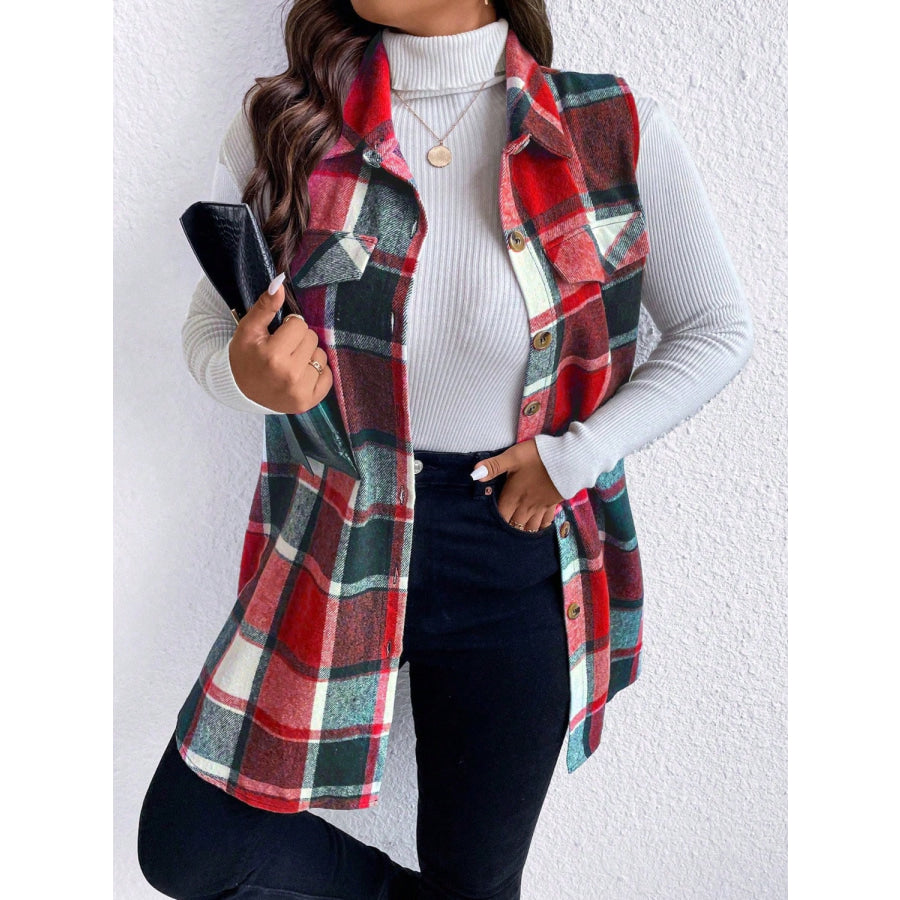 Honey Plus Size Pocketed Plaid Button Up Vest Coat Apparel and Accessories