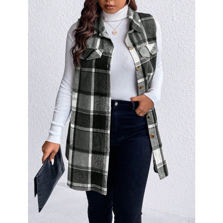 Honey Plus Size Pocketed Plaid Button Up Vest Coat Black / 1XL Apparel and Accessories