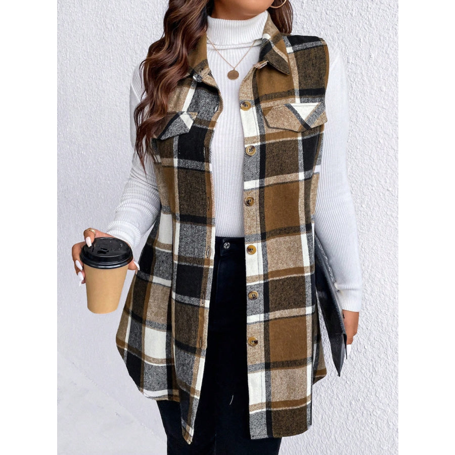 Honey Plus Size Pocketed Plaid Button Up Vest Coat Camel / 1XL Apparel and Accessories