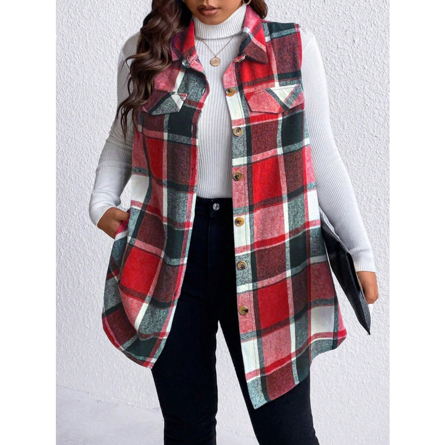 Honey Plus Size Pocketed Plaid Button Up Vest Coat Deep Red / 1XL Apparel and Accessories