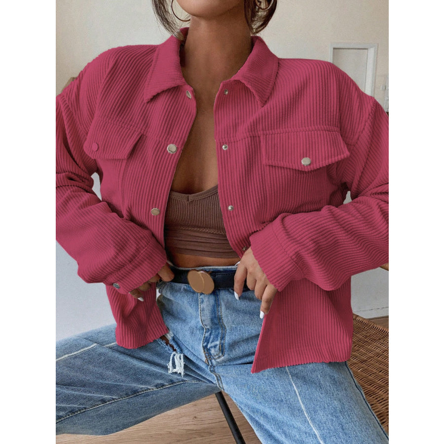 Honey Pocketed Collared Neck Snap Down Jacket Cerise / S Apparel and Accessories