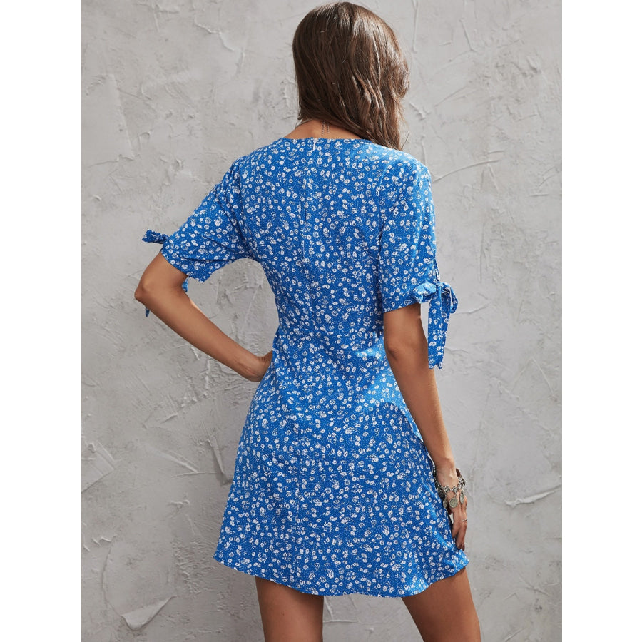 Honey Printed Surplice Short Sleeve Mini Dress Royal Blue / S Apparel and Accessories