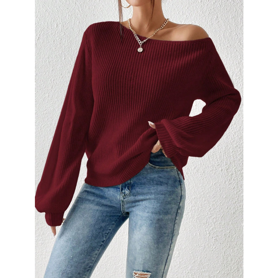 Honey Single Shoulder Long Sleeve Sweater Burgundy / S Apparel and Accessories